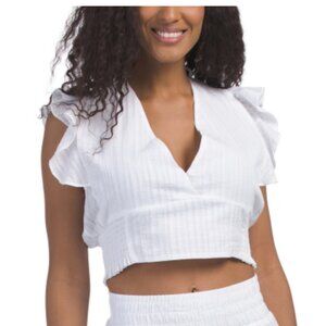 NWOT LA BIZ Flutter Short Sleeve Crop White Cotton Top Size